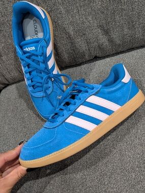 Adidas Women  Blue Suede Sneakers with Pink Stripes